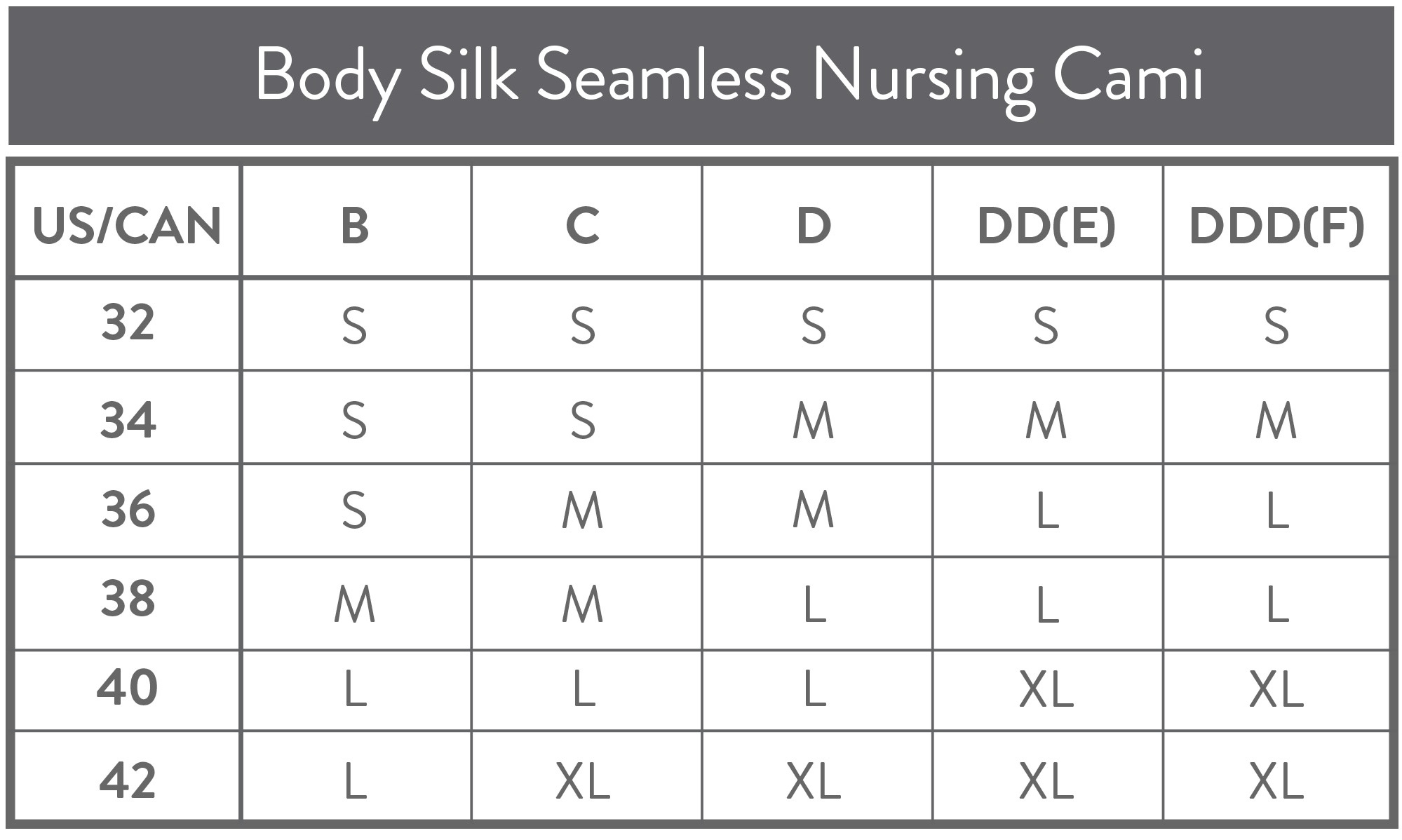 Bravado Body Silk Seamless Nursing Bra Size Chart