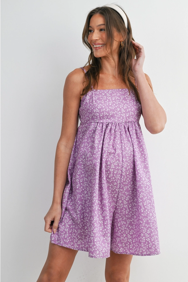 Purple Floral Maternity Shorts Romper w/ Pockets 4