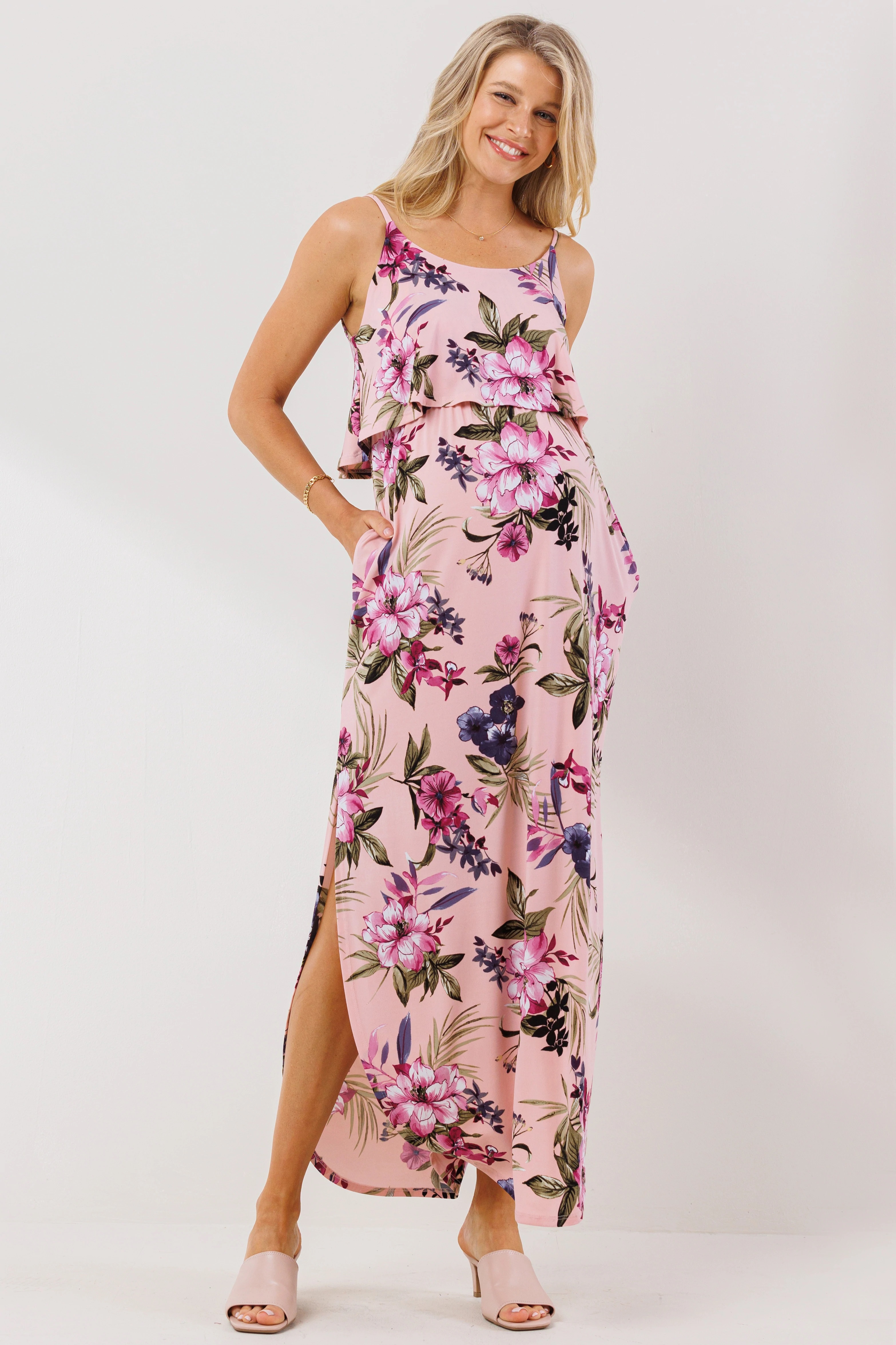 knee length dresses for ladies Pinkblush Petite Navy Draped Maternity/Nursing Maxi Dress