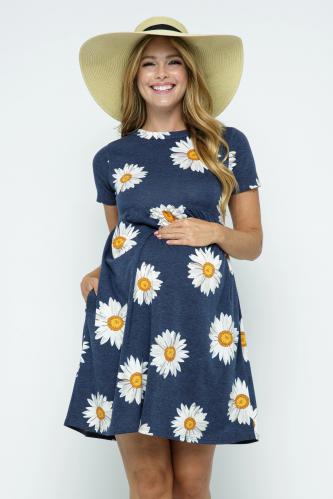 Babydoll Maternity Dress - Navy Dasies