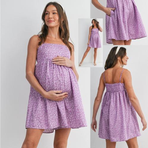 Purple Floral Maternity Shorts Romper w/ Pockets