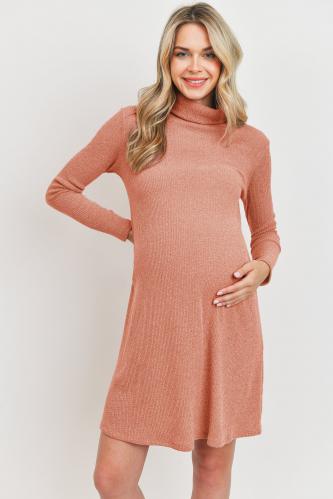 Ribbed Mock Neck Maternity Dress - Dusty Pink Heather