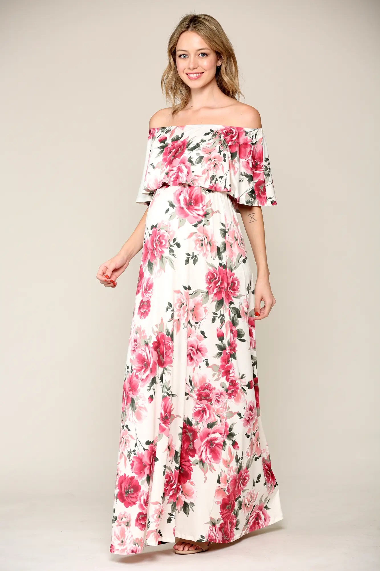 Off the Shoulder Ruffle Maternity Maxi Dress