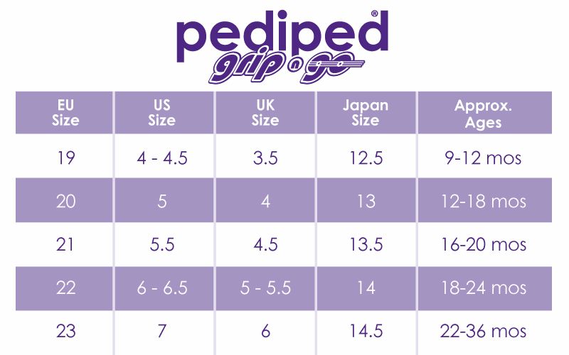 Pediped Grip 'n' Go Flex Size Chart.