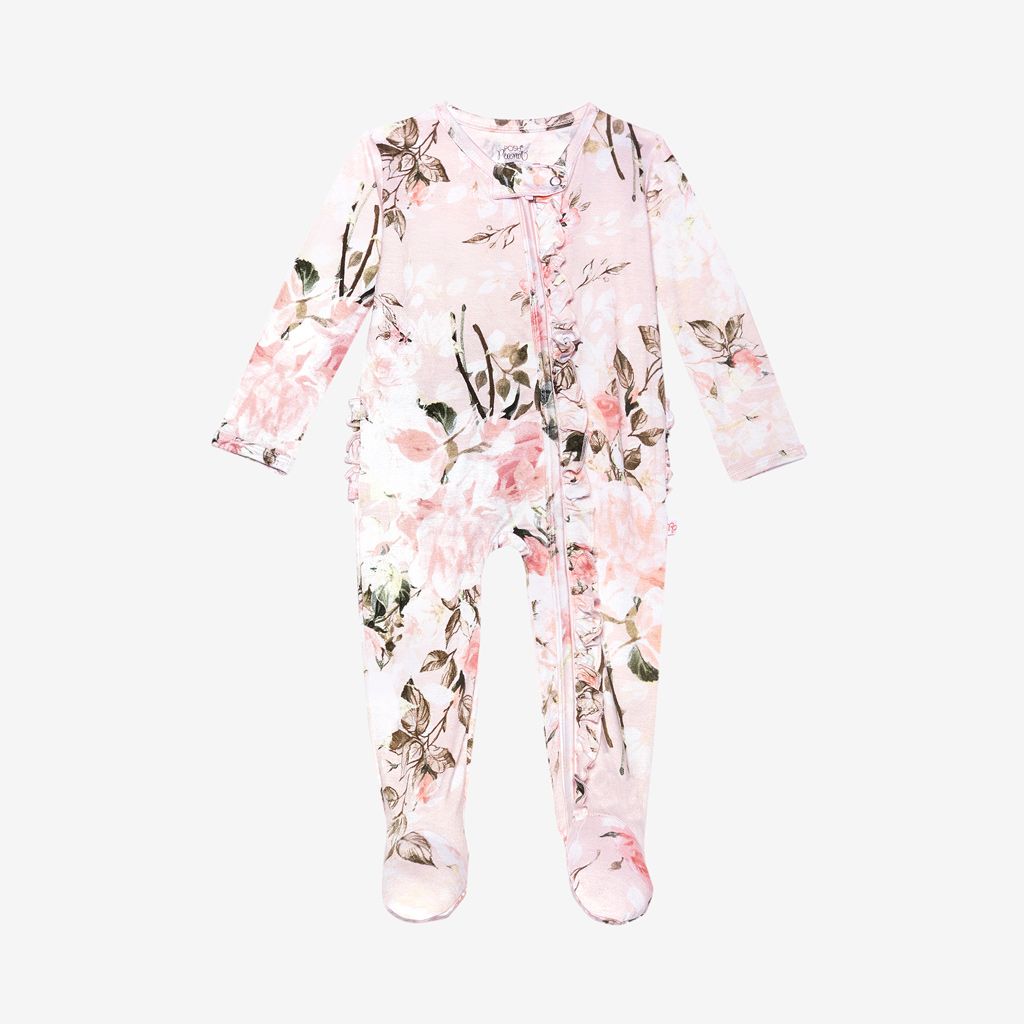 Posh Peanut Vintage Pink Rose Footie Ruffled Zippered One Piece