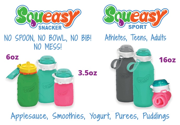Squeasy Snacker Reusable Non-Spill Silicone Pouch--3.5 oz, 6 oz or 16 oz  ($12.99-16.99)
