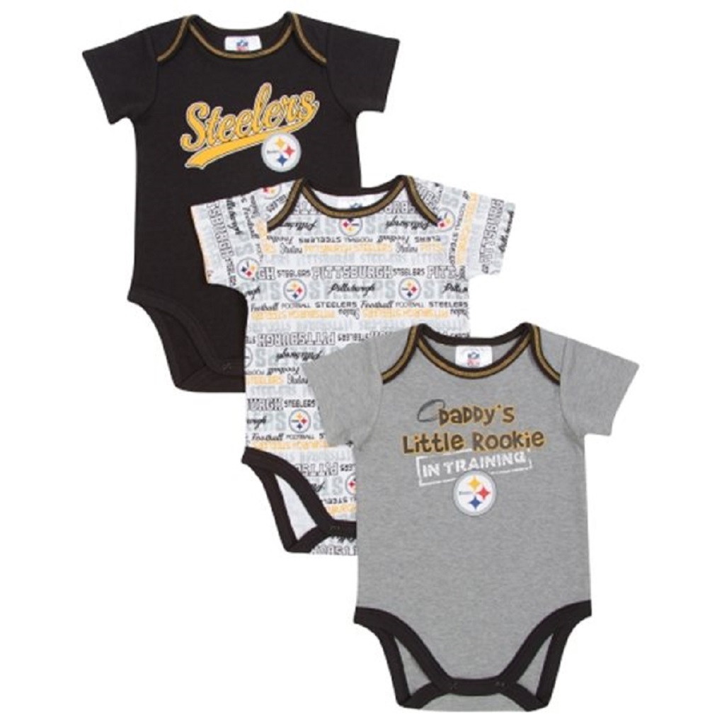 thumbnail interactive-video image 1 of Personalized Pittsburgh Steelers Gerber Baby Onesie – 100% Cotton, Custom Bodysuit, Short Sleeve 1 of 2